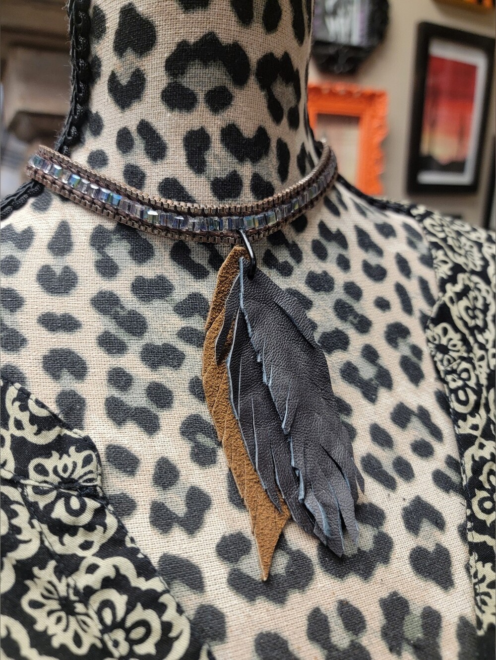 Handmade Crystals & Leather Feathers Pendant Choker Necklace